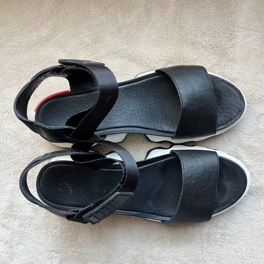 Sorel Black and White Platform Sport Sandals with Red Accent - Picture 7 of 15